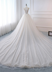 Ivory Tulle with Lace Long Wedding Party Dress with Sweep Train, Ivory Formal Dress