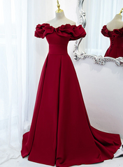Off Shoulder Wine Red Sweetheart Long Party Dress, Wine Red Prom Dress Evening Dress