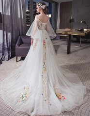 White Tulle Long Sleeves Lace Applique Long Party Dress, White Tulle Prom Dress