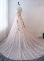 Pink Sweetheart Tulle with Lace Flowers Long Evening Dress, Pink Tulle Prom Dress