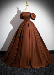 Brown Satin A-line Short Sleeves Party Dress, Simple Satin Prom Dress Evening Dress