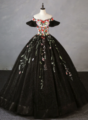 Black Off Shoulder Tulle Ball Gown Sweet 16 Dress, Black Floral Prom Dress Party Dress
