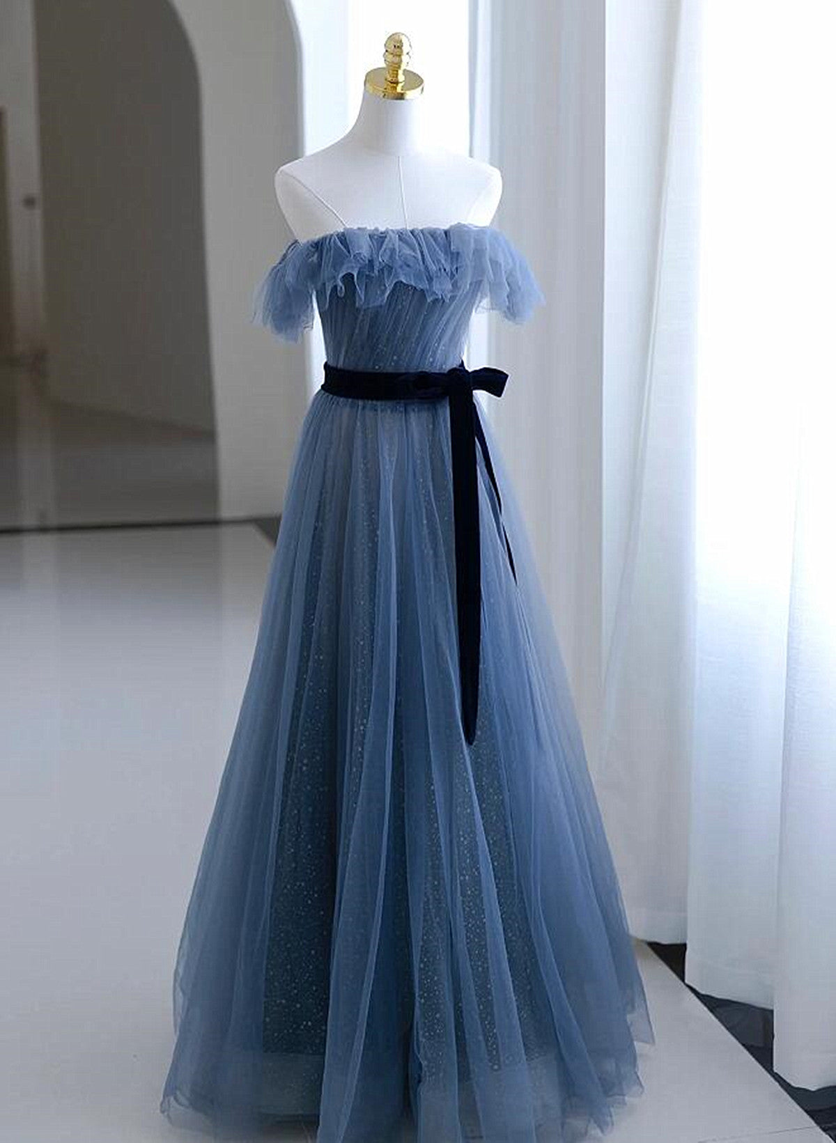 Blue Tulle A-line Off Shoulder Long Party Dress, Blue Scoop Prom Dress Evening Dress