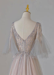 A-line Beaded V-neckline Tulle Formal Dress, Puffy Sleeves Long Prom Dress