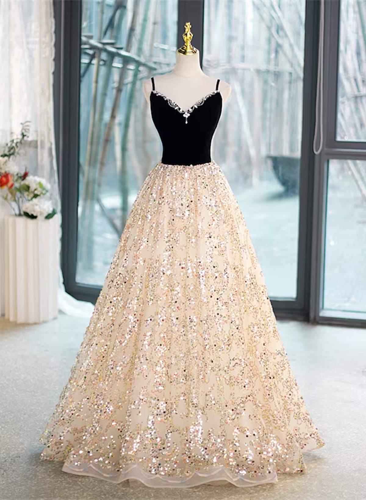 Champagne Tulle Spaghetti Straps V-neckline Formal Gown, Champagne Prom Dress