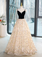 Champagne Tulle Spaghetti Straps V-neckline Formal Gown, Champagne Prom Dress