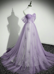 Lavender Tulle A-line Beaded Off Shoulder Party Dress, Lavender Long Formal Dress