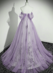 Lavender Tulle A-line Beaded Off Shoulder Party Dress, Lavender Long Formal Dress
