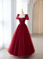 Wine Red Tulle Beaded Long Prom Dress, A-Line Sweetheart Formal Evening Dress