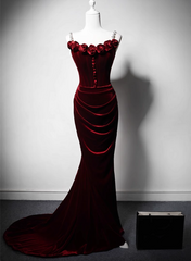 Wine Red Velvet Mermaid Long Straps Evening Dress, Wine Red Velvet Party Dress