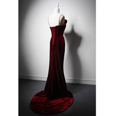 Wine Red Mermaid Straps Beaded Long Formal Dress, Wine Red Evening Dress Prom Dress