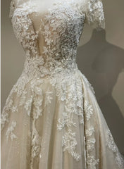 Tulle Long Neckline Tulle With Lace Applique Wedding Party Dress, Tulle Wedding Dress