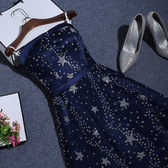 Navy Blue A-line Tulle Long Evening Dress, Navy Blue Prom Dress