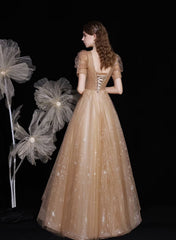 Champagne A-line V-neckline Tulle Short Sleeves Party Dress, Tulle Long Prom Dress
