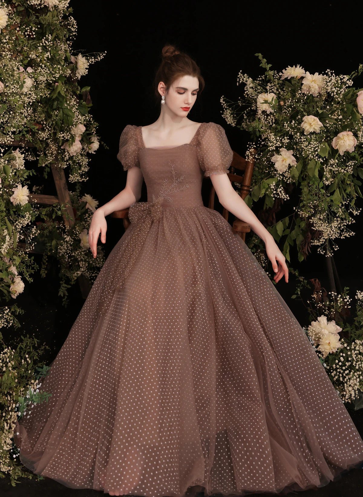 Pretty Tulle Short Sleeves Floor Length Prom Dress, Brown Tulle Formal Dress
