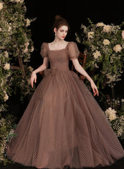 Pretty Tulle Short Sleeves Floor Length Prom Dress, Brown Tulle Formal Dress