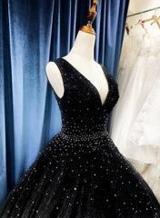 Black Tulle V-neckline Beaded Long Evening Dress, Black Tulle Formal Dress