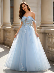 Off-the-shoulder Appliqued Corset A-Line Tulle Dress Sky Blue