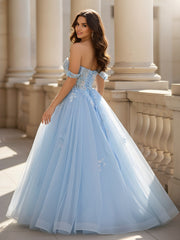 Off-the-shoulder Appliqued Corset A-Line Tulle Dress Sky Blue