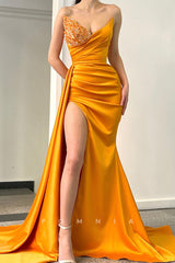 P1327 - Strapless V-Neck Beads Pleats  Sleeveless Long Prom Evening Formal Dress with Slit