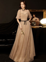 Champagne tulle sequin long prom dress, champagne evening dress