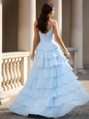 Spaghetti Straps A-Line Chiffon Tiered Dress With Slit Sky Blue