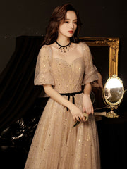 Champagne tulle sequin long prom dress, champagne evening dress
