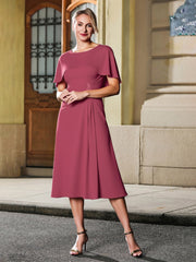 Scoop Neck Flutter Sleeves Appliqued Tea-length Dress Cinnamon Rose