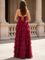 Sweetheart Neck A-Line Tiered Chiffon Slit Dress Burgundy