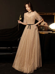 Champagne tulle sequin long prom dress, champagne evening dress
