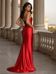 Pleated Sweetheart Cutout Bodycon Dress With Slit Red