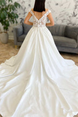 White Lace Satin Off-the Shoulder Backless Bridal Gown