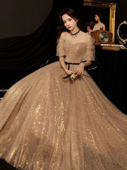 Champagne tulle sequin long prom dress, champagne evening dress