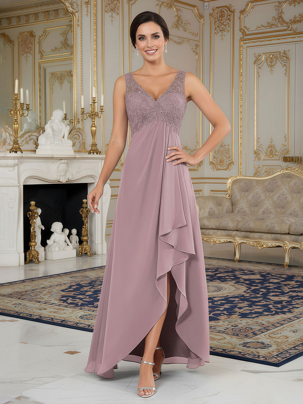 A-Line Lace V-neck Chiffon Asymmetrical Dress Dusk