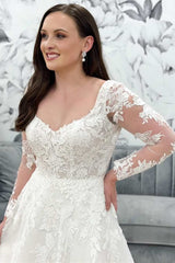 White Lace Tulle Queen Anne Neck Long Sleeve Bridal Gown