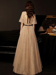 Champagne tulle sequin long prom dress, champagne evening dress