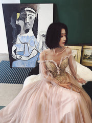 Cute Tulle with Gold Lace Straps Long Evening Dress Party Dress, A-line Tulle Formal Dresses