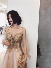 Cute Tulle with Gold Lace Straps Long Evening Dress Party Dress, A-line Tulle Formal Dresses