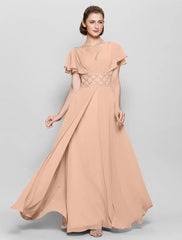 A-Line Mother of the Bride Dress Beautiful Back V Neck Floor Length Chiffon Short Sleeve No with Criss Cross Beading