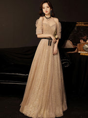 Champagne tulle sequin long prom dress, champagne evening dress