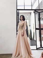 Cute Tulle with Gold Lace Straps Long Evening Dress Party Dress, A-line Tulle Formal Dresses