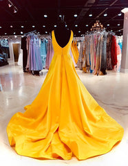 A Line Long V Neck Sleeveless Yellow Prom Formal Dresses