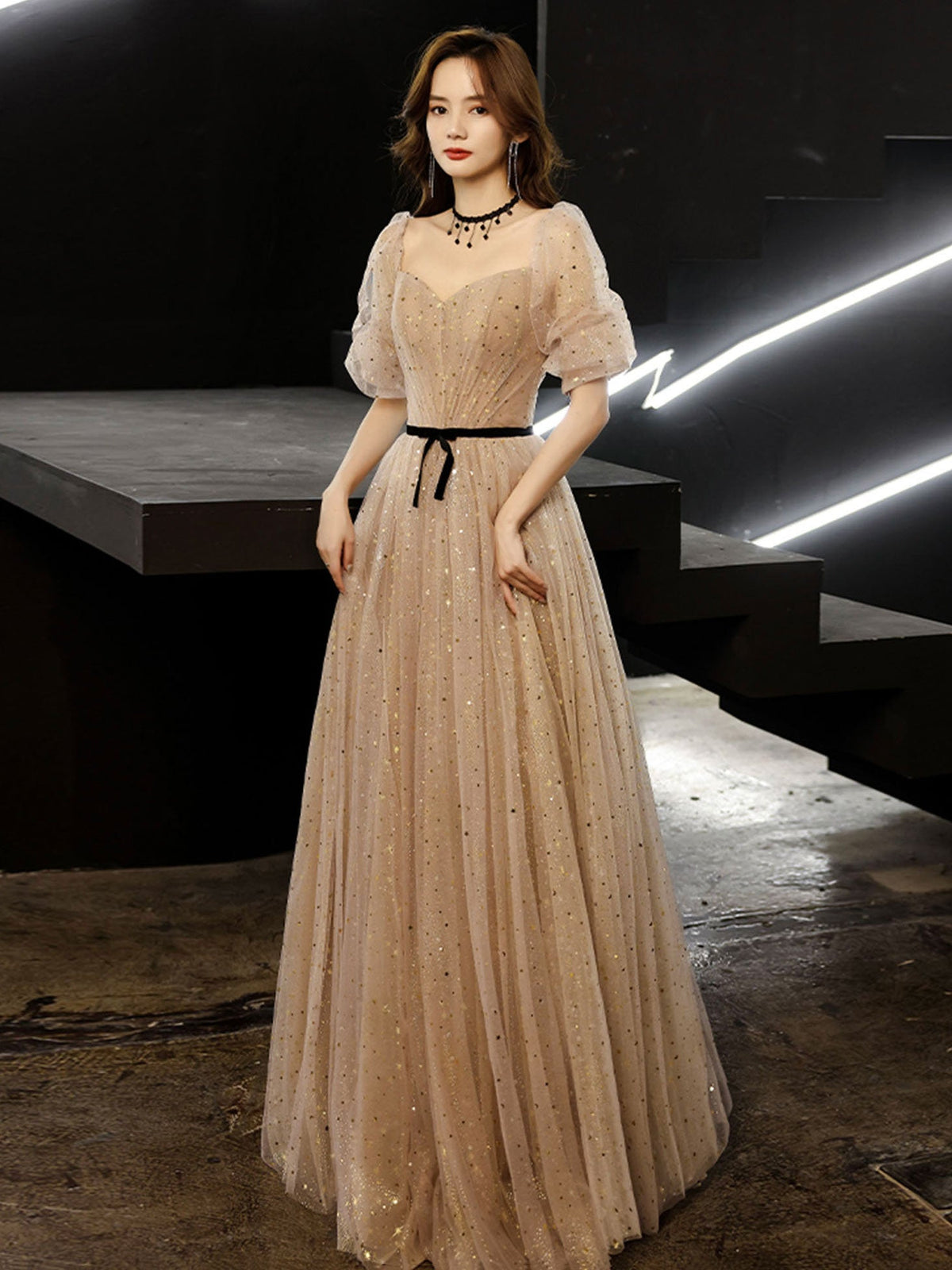 Champagne tulle sequin long prom dress, champagne evening dress