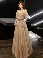 Champagne tulle sequin long prom dress, champagne evening dress