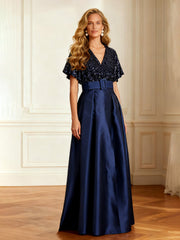 A-Line Lace Sequins V-neck Satin Long Dress Dark Navy