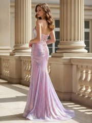 V-neck Sequin Mermaid Ruched Sweep Train Dress Lilac