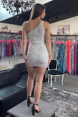 One-Shoulder Iridescent White Sequin Fitted Short Party Dress