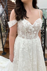 White Floral Lace Cold-Shoulder A-Line Bridal Gown