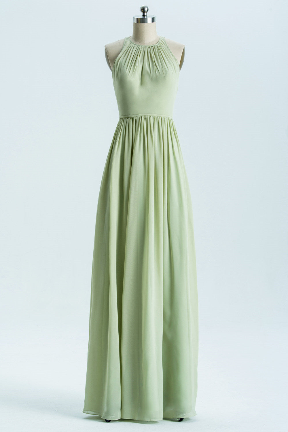 Salie groene chiffon hoge nek lange bruidsmeisje jurk