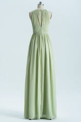 Salie groene chiffon hoge nek lange bruidsmeisje jurk